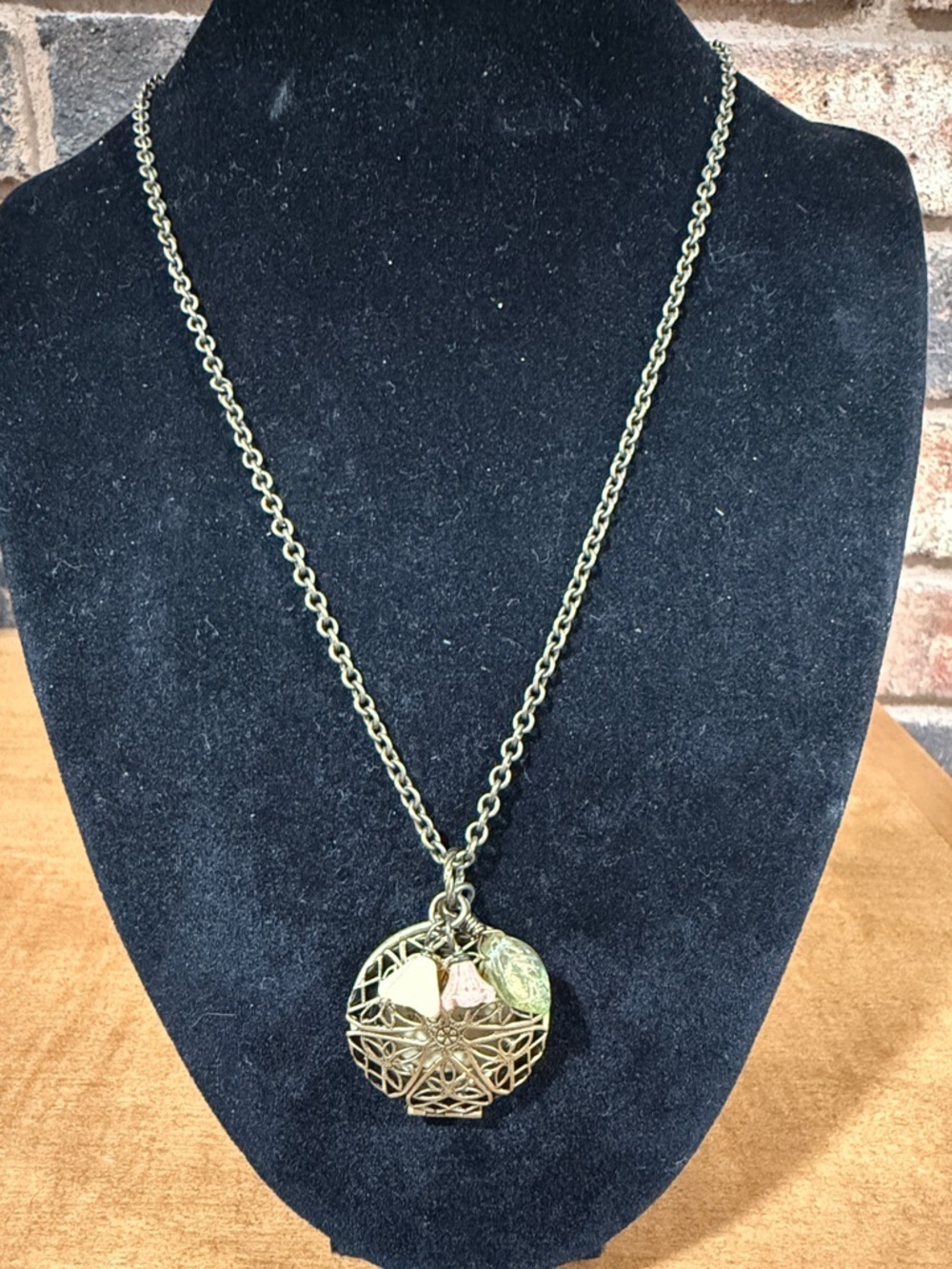 Vintage Brass picture locket and charm necklace